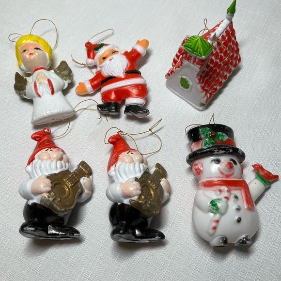 Vintage Plastic Holiday Ornament Set - Santa, Snowman, Gnome, Angel, church. 60s - Picture 1 of 5